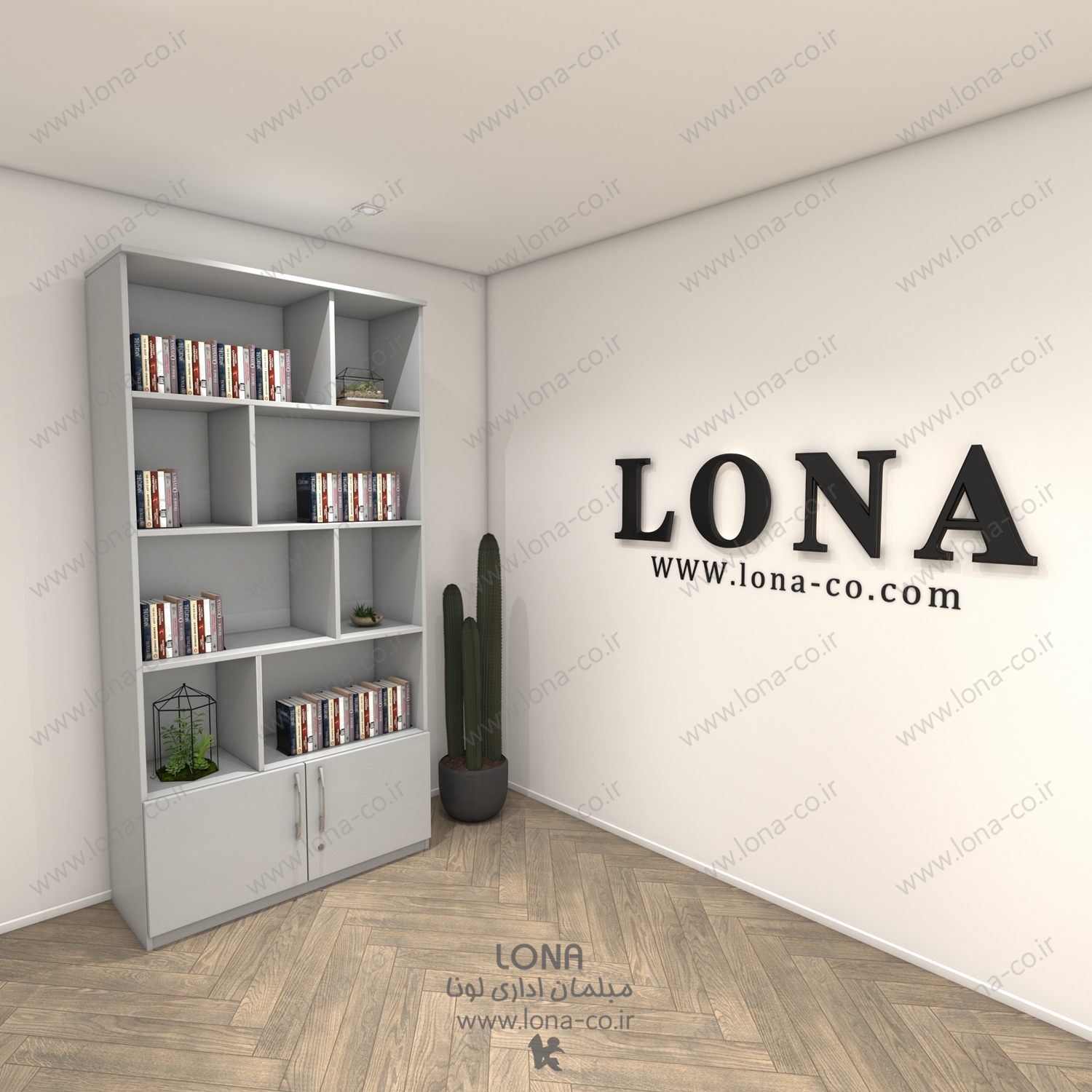 کتابخانه طبقه بندی بادو کمد کوچک در قسمت پایینی کتابخانه 